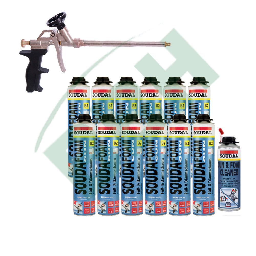SOUDAL Spar-Set: hochw. Schaumpistole + 12 x 750 ml Pistolenschaum + 500 ml Reiniger